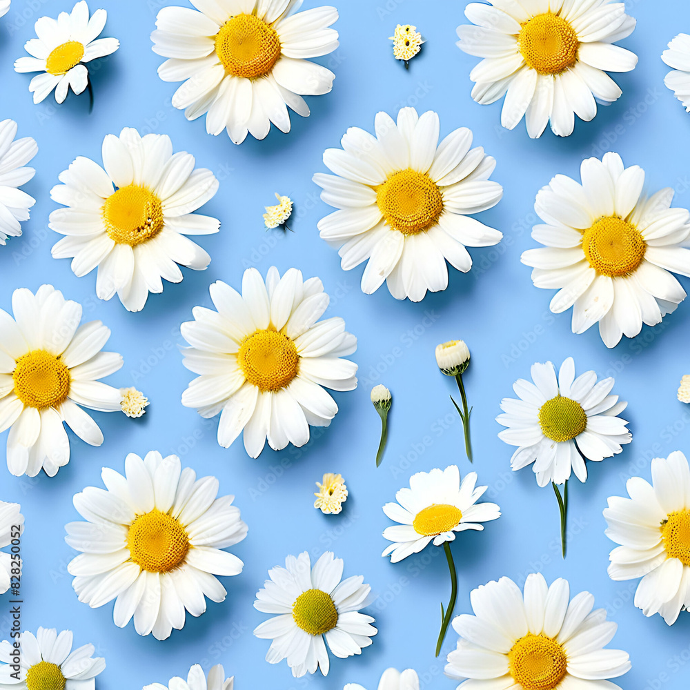 Daisy pattern, Flat lay spring and summer chamomile flowers on a sky blue background Daisy pattern, Flat lay spring and summer chamomile flowers on a sky blue background