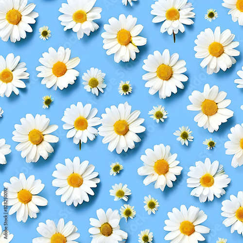 Daisy pattern, Flat lay spring and summer chamomile flowers on a sky blue background