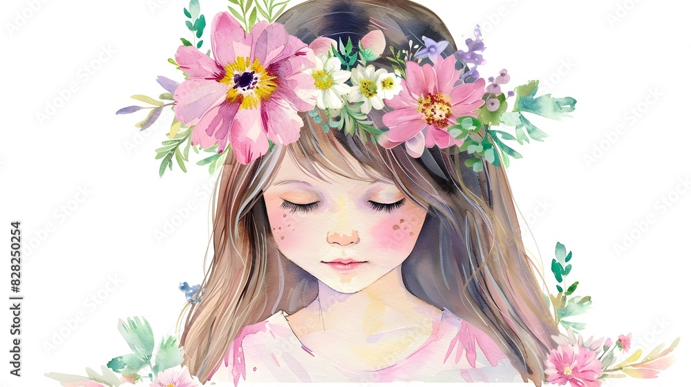 Whimsical Watercolor of a Cute Girl Wearing a Delicate Flower Crown Whimsical Watercolor of a Cute Girl Wearing a Delicate Flower Crown