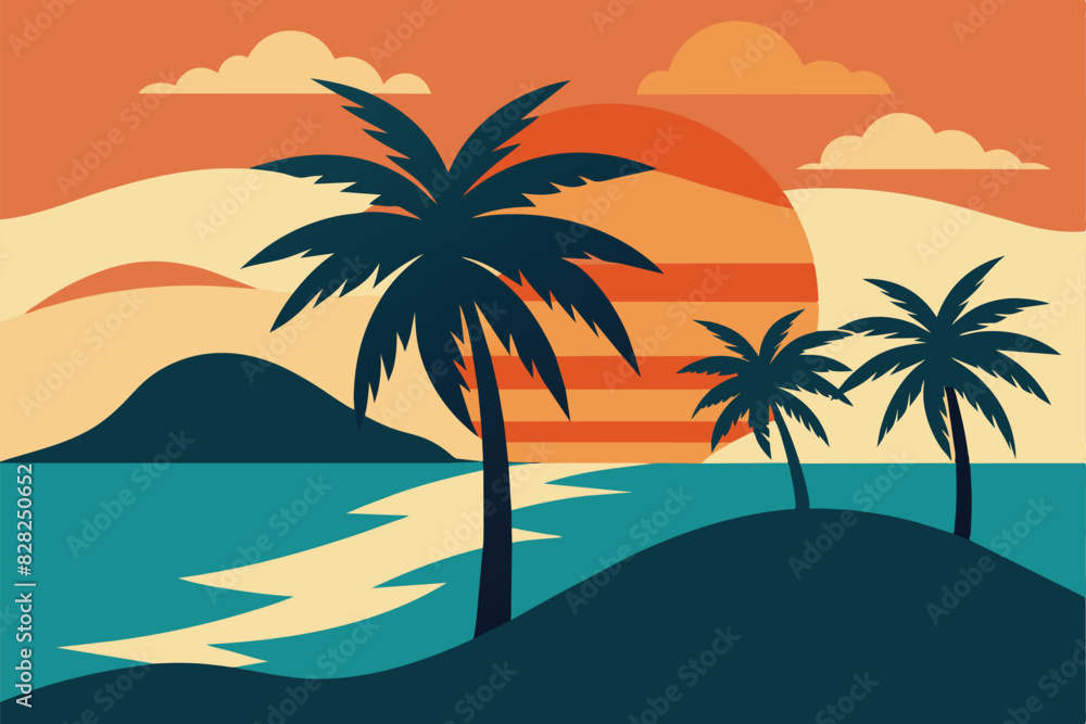 Tropical island paradise. Vintage poster background with palms and sea waves vector