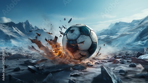 A football temporarily frozen at the peak of a powerful kick. photo