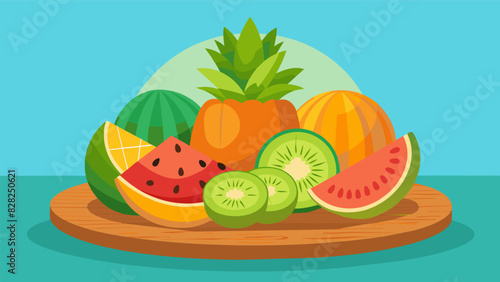 A refreshing combination of tropical fruits like melon kiwi and pineapple presented in a rainbow of hues on a wooden platter.. Vector illustration