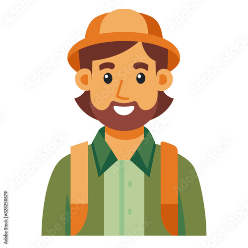A bearded man in a hat with a backpack is shown in the picture