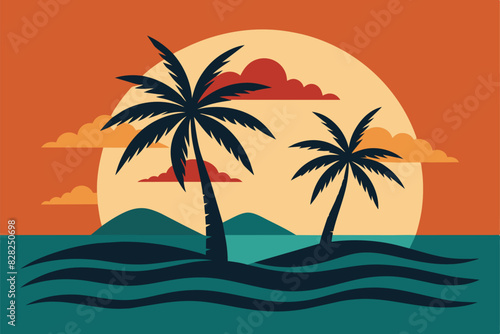 Tropical island paradise. Vintage poster background with palms and sea waves vector