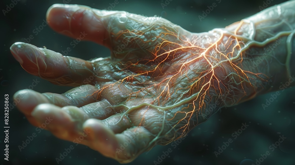 Close-up of a human hand with glowing veins and tendons, highlighting intricate anatomical details and futuristic-looking elements. Close-up of a human hand with glowing veins and tendons, highlighting intricate anatomical details and futuristic-looking elements.