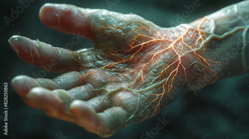 Close-up of a human hand with glowing veins and tendons, highlighting intricate anatomical details and futuristic-looking elements.