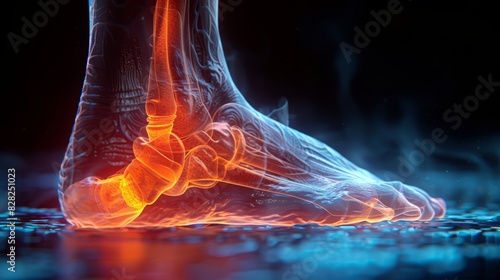 3D rendering of a foot with X-ray effect highlighting bones, depicting anatomy and medical study. Vivid colors and realistic design. photo