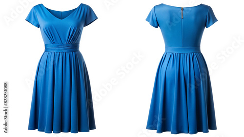 Elegant blue dress front and back view for mockup isolated PNG on transparent background