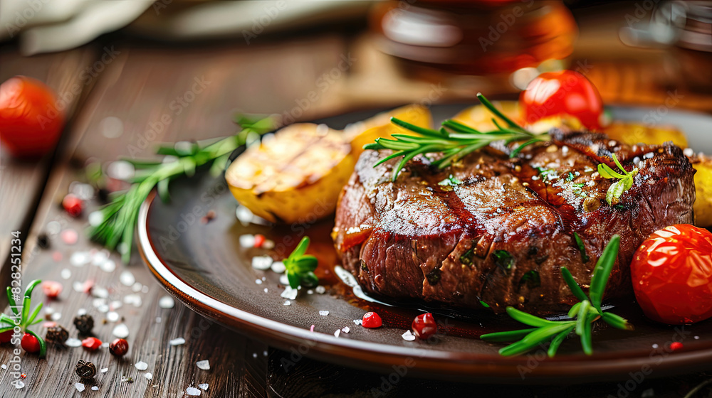 Close-up of a juicy steak with roasted vegetables on a white plate Close-up of a juicy steak with roasted vegetables on a white plate