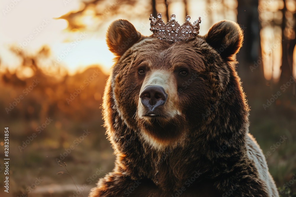 front portrait photography of a brown bear wearing gold crown, proud face, sunlight, editorial style front portrait photography of a brown bear wearing gold crown, proud face, sunlight, editorial style