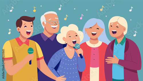 A group of seniors laughing and joking after a particularly difficult song exchanging tips on how to control their breathing while singing.. Vector illustration