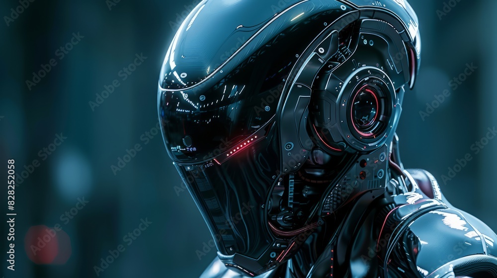 A futuristic robot with glowing red eyes, The man is wearing a blue lighted helmet and a jacket with orange details 3d rendering. A futuristic robot with glowing red eyes, The man is wearing a blue lighted helmet and a jacket with orange details 3d rendering.
