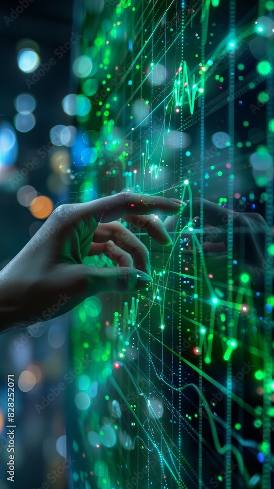 Hand touching digital graph, green, futuristic technology Hand touching digital graph, green, futuristic technology