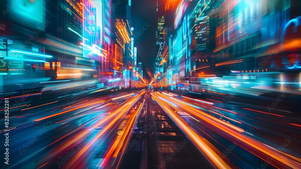 Blurred Abstract Urban Landscape with Dazzling Neon Lights and High Speed Motion Perspective