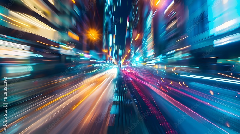 Blurred Futuristic Cityscape at Night with Dazzling Motion and Luminous Energetic Perspective