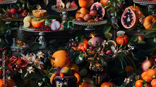 A Lavish Tropical Feast of Exotic Delights in a Chiaroscuro Still Life Composition