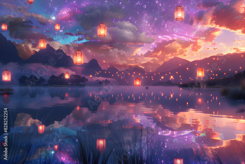 Ethereal Twilight Dreamscape with Glowing Lanterns and Celestial Sky Over Iridescent Lake