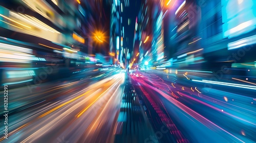 Blurred Futuristic Cityscape at Night with Dazzling Motion and Luminous Energetic Perspective