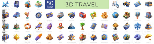 Colorful 3D Travel Icons Set - 50 Detailed and Vibrant Icons for Travel and Adventure Themes
