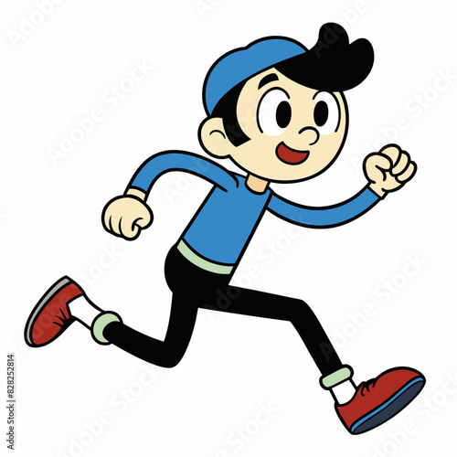 Cartoon boy in blue shirt and hat happily running, smiling and giving thumbs up