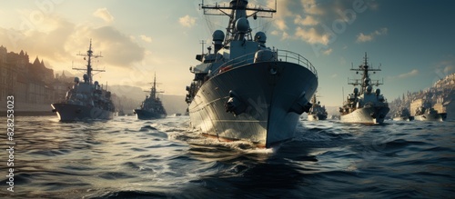 Military navy ships in a sea bay view photo