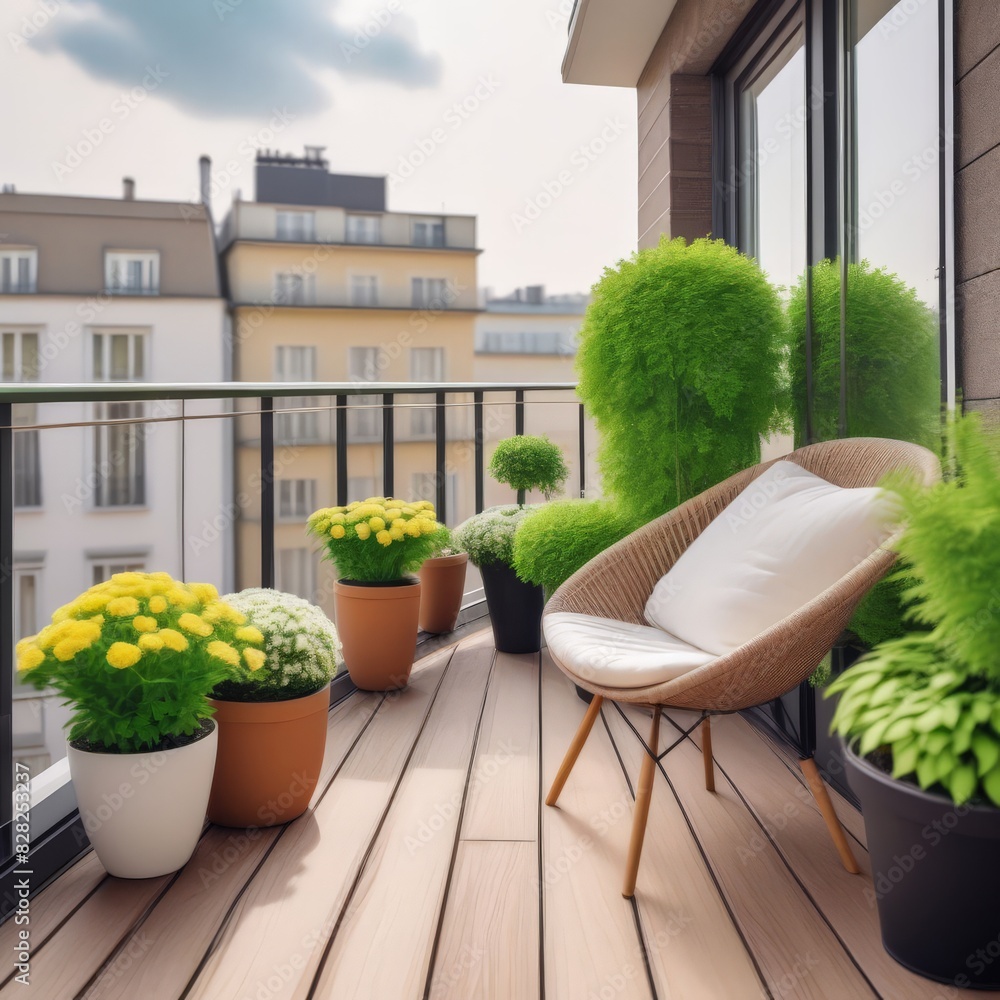 A modern balcony or terrace with plants overlooking the city. AI generated