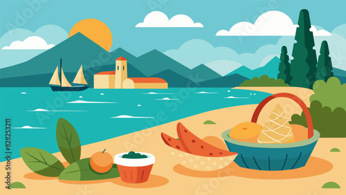 Enjoy an afternoon by the shore with a basket featuring Mediterraneaninspired snacks such as hummus pita bread and delicious dolmas.. Vector illustration