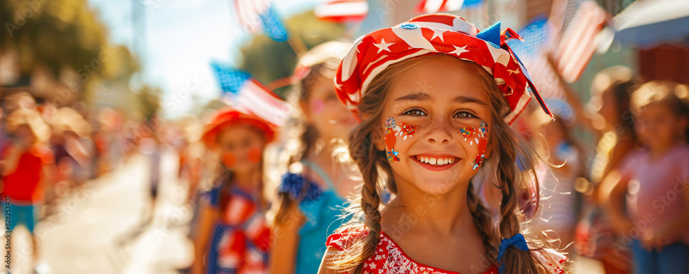Group of children participating in a patriotic parade, waving miniature American flags and wearing red, white, and blue costumes as they march joyfully through the streets. Group of children participating in a patriotic parade, waving miniature American flags and wearing red, white, and blue costumes as they march joyfully through the streets.