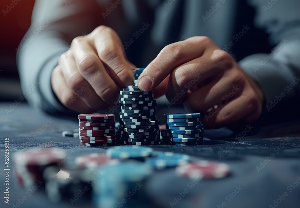 Poker player's hands with chips on the table, closeup Poker player's hands with chips on the table, closeup