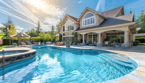 Beautiful large home with pool and backyard in the background  wide angle shot  sunny day  blue sky  high resolution