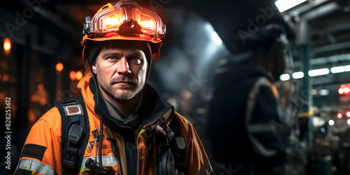 A portrait of a firefighter in gear, with a blurred industrial background showcasing the concept of bravery. Generative AI