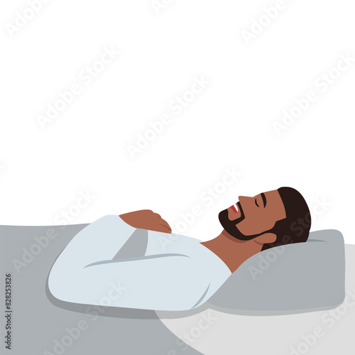 Young man sleeping in bed side view. Flat vector illustration isolated on white background