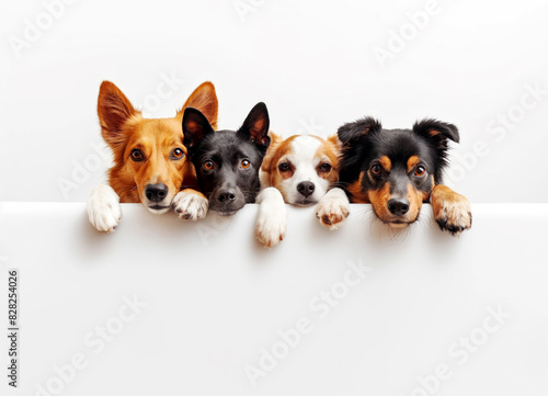 Four dogs peeking over a white horizontal surface, photographic style, white background, concept of surprise or curiosity. Generative AI © Who is Danny