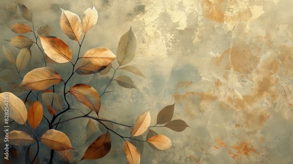 Abstract painting of autumn leaves in warm tones against a textured background. The artwork evokes the beauty and transition of the fall season.