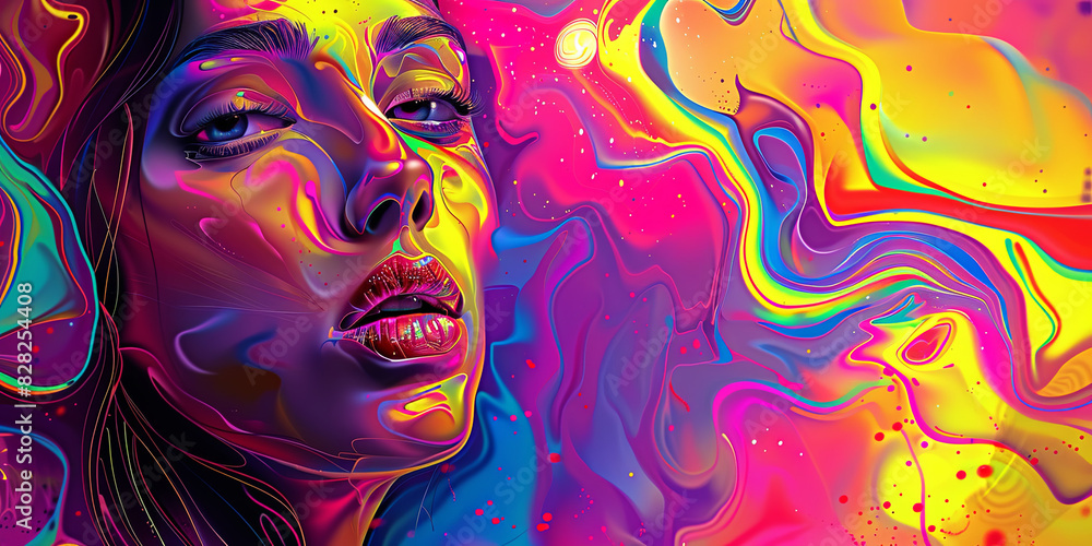 Fototapeta premium beautiful face is melting into the colorful background in the style of vibrant colors and psychedelic style, generative AI