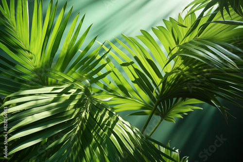 Lush green palm fronds stretch towards a bright sky in this tropical paradise