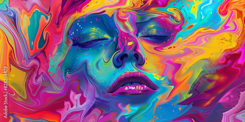 beautiful face is melting into the colorful background in the style of vibrant colors and psychedelic style, generative AI © VALUEINVESTOR