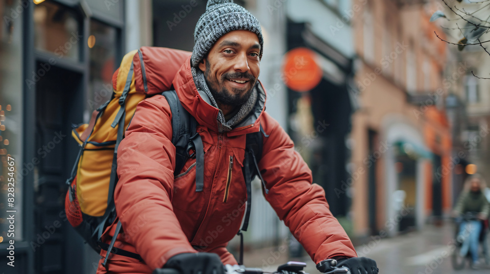 Cheerful delivery person riding a bike with a backpack in the city Cheerful delivery person riding a bike with a backpack in the city