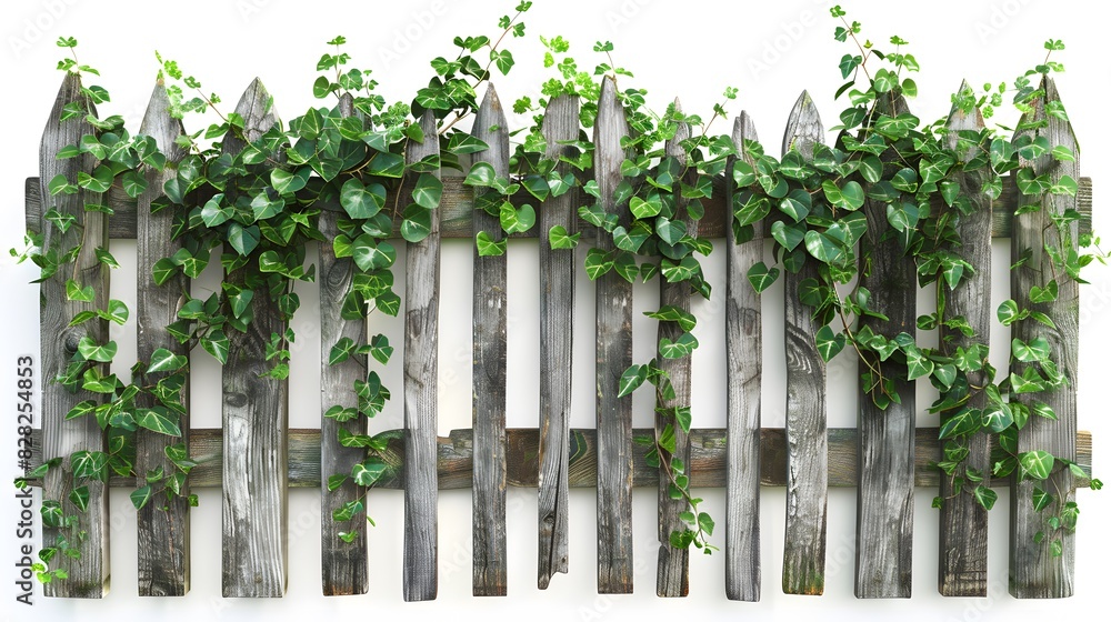 an old wooden fence overgrown with a weaving green ivy leaves, isolated on white background an old wooden fence overgrown with a weaving green ivy leaves, isolated on white background