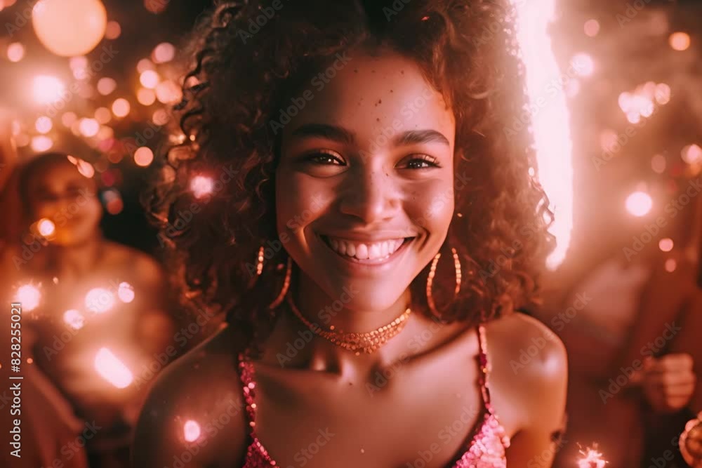 A diverse group of friends and family enjoying a backyard barbecue, laughing and waving sparklers under a twilight sky filled with fireworks A diverse group of friends and family enjoying a backyard barbecue, laughing and waving sparklers under a twilight sky filled with fireworks