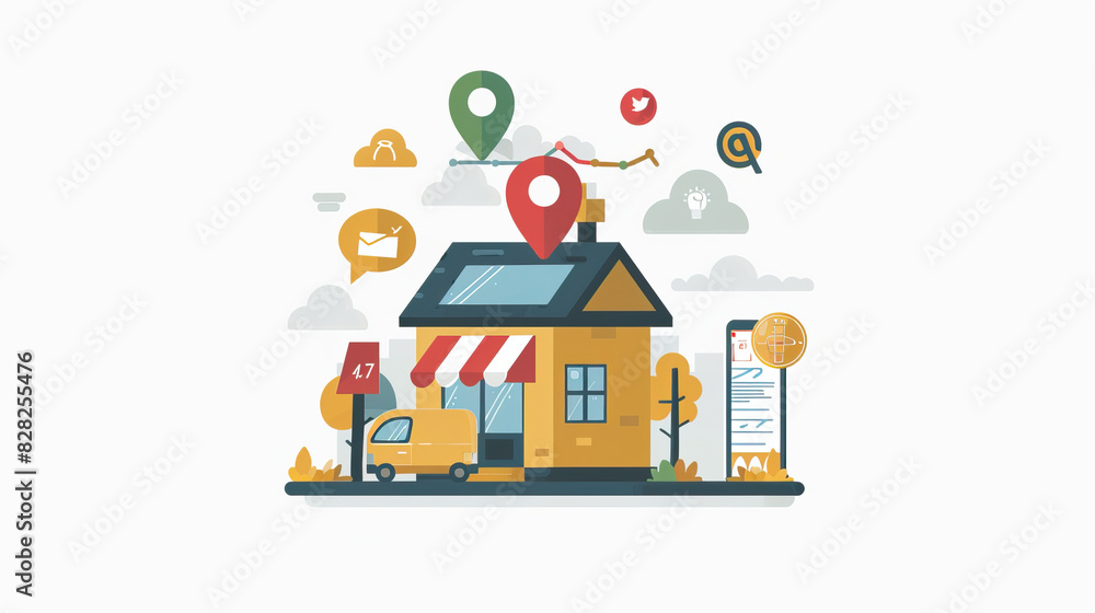 Cartoon illustration of a cozy house with a striped awning and a red pin on the roof Cartoon illustration of a cozy house with a striped awning and a red pin on the roof