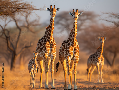 A Small Herd Of Giraffes Gracefully Walking Across The Vast African Savannah Under A Clear  Bright Sky