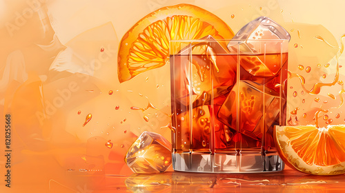Liquid amber Rangpur whiskey with orange slices on table photo