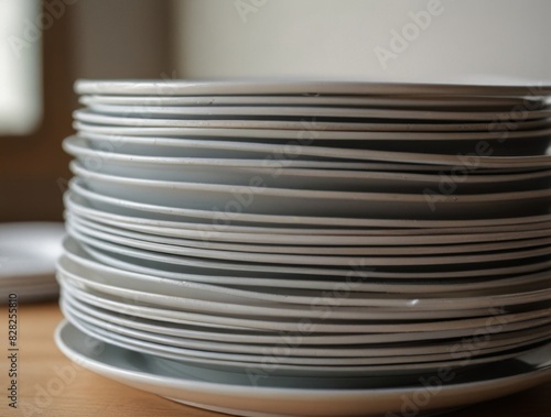 closeup stack of white dishes ready for use, stack of white plate ready to served