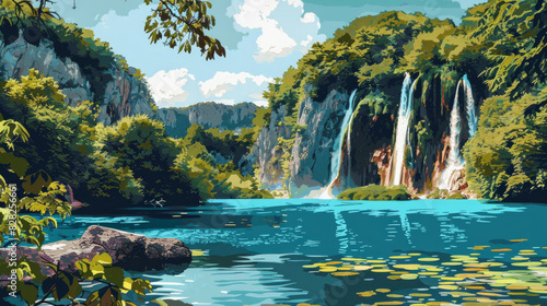 Scenic view of Plitvice Lakes National Park in Croatia. Scenic Digital Illustration of a Tranquil Lake with Waterfalls and Lush Green Mountains - Beautiful Nature Landscape Art. Colorful comic style. photo