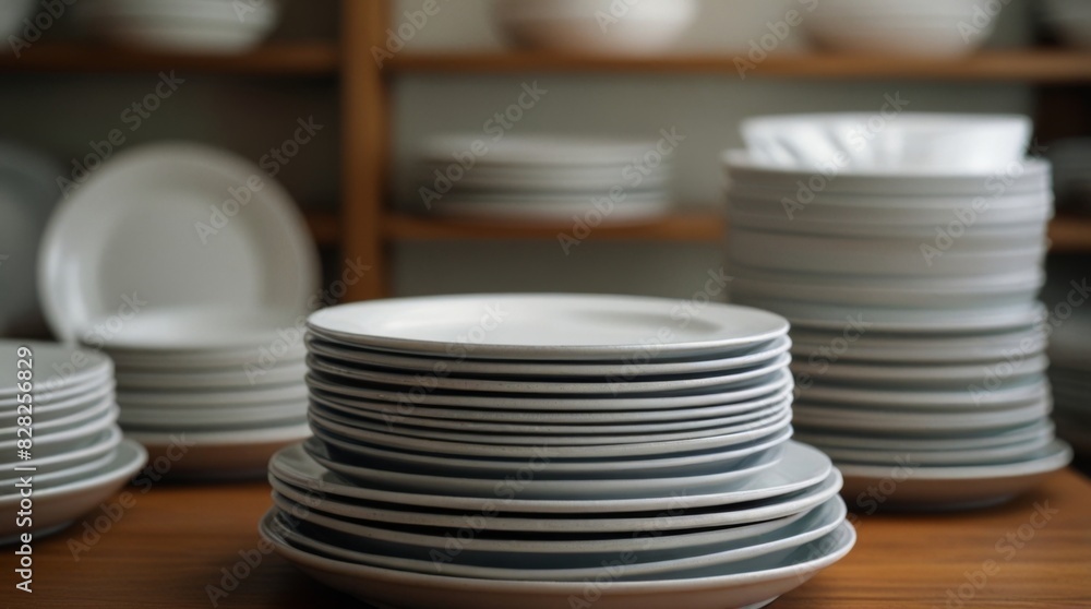 closeup stack of white dishes ready for use, stack of white plate ready to served closeup stack of white dishes ready for use, stack of white plate ready to served