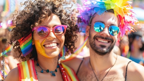 Two smiling friends enjoying a colorful carnival parade, showcasing vibrant costumes and festive atmosphere under the sunny sky.