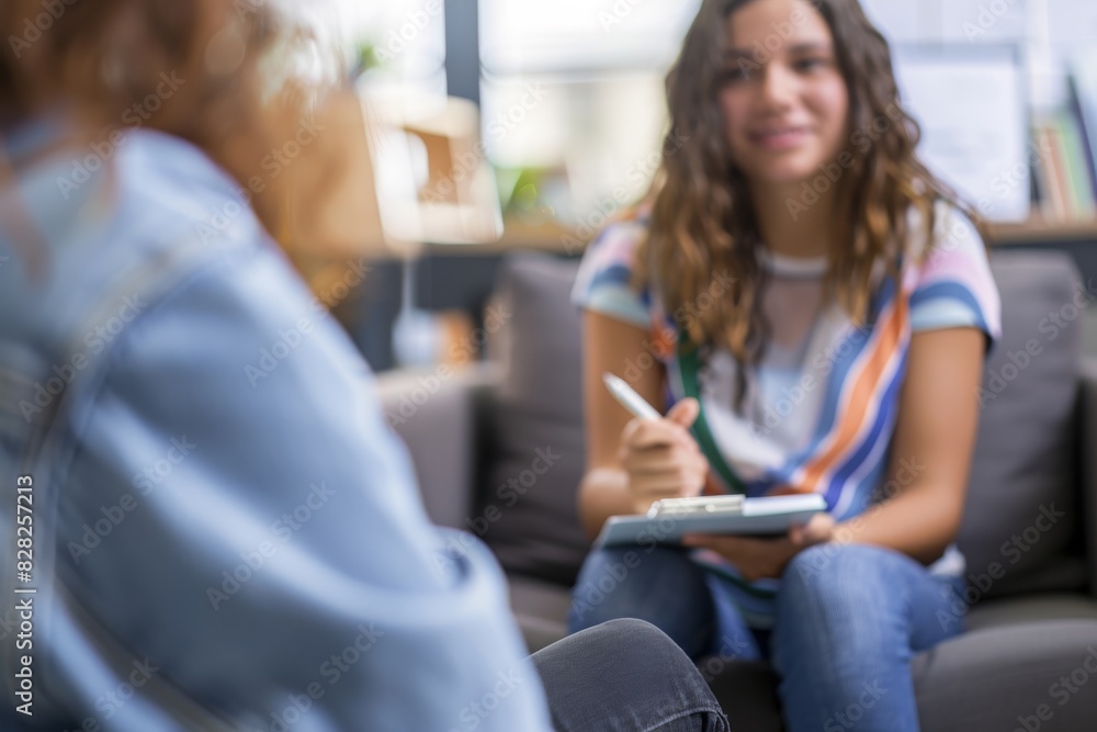 An intentionally blurred image of a girl with pen and notepad, suggesting a focus on the conversation