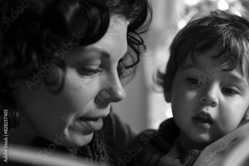 A monochrome image capturing an intimate moment between mother and child focused on a book, illustrating a bond through learning