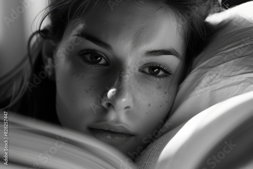 A monochromatic image focusing on a young woman's face as she rests on a pillow, capturing a serene mood